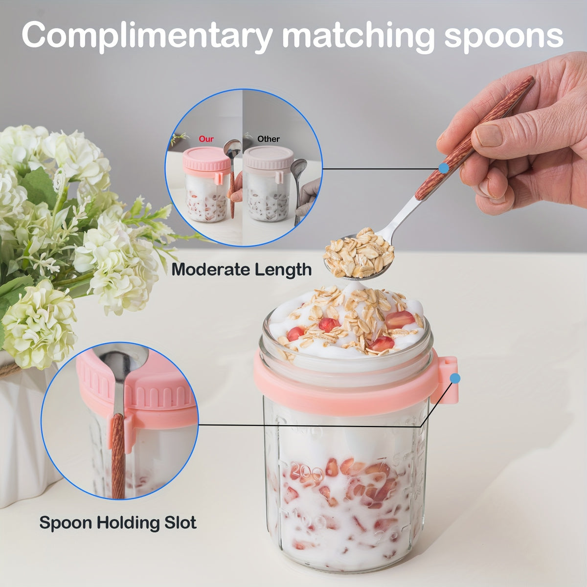 4/6pcs(16oz), 8pcs(4pcs 16oz+4pcs 4oz), 12pcs(6pcs 16oz + 6pcs 4oz), Overnight Oats Containers with Lids And Spoons, Glass Mason Overnight Oats Jars, Large Capacity Airtight Jars for Milk, Cereal, Fruit