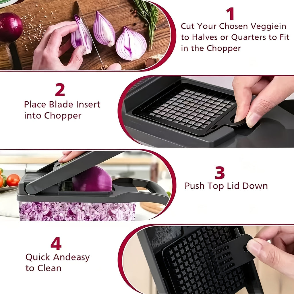 16pcs Upgraded Vegetable Chopper, Multifunctional Fruit Slicer, Handle Based Food Grater, Container Cutting Tool, Multi Blade Replaceable Onion Chopper, Household Potato Slicer