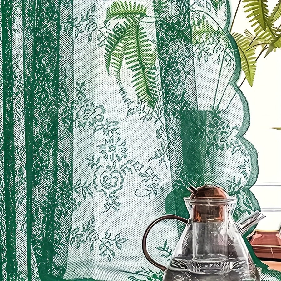 1pc White Lace Door Curtain with Wave Edge, Semi-Sheer Polyester Rod Pocket Curtain for Home And Outdoor Use, Vintage Style with Floral Pattern, Semi-Sheer Curtains | Vintage Curtain Design | Embroidered Detailing