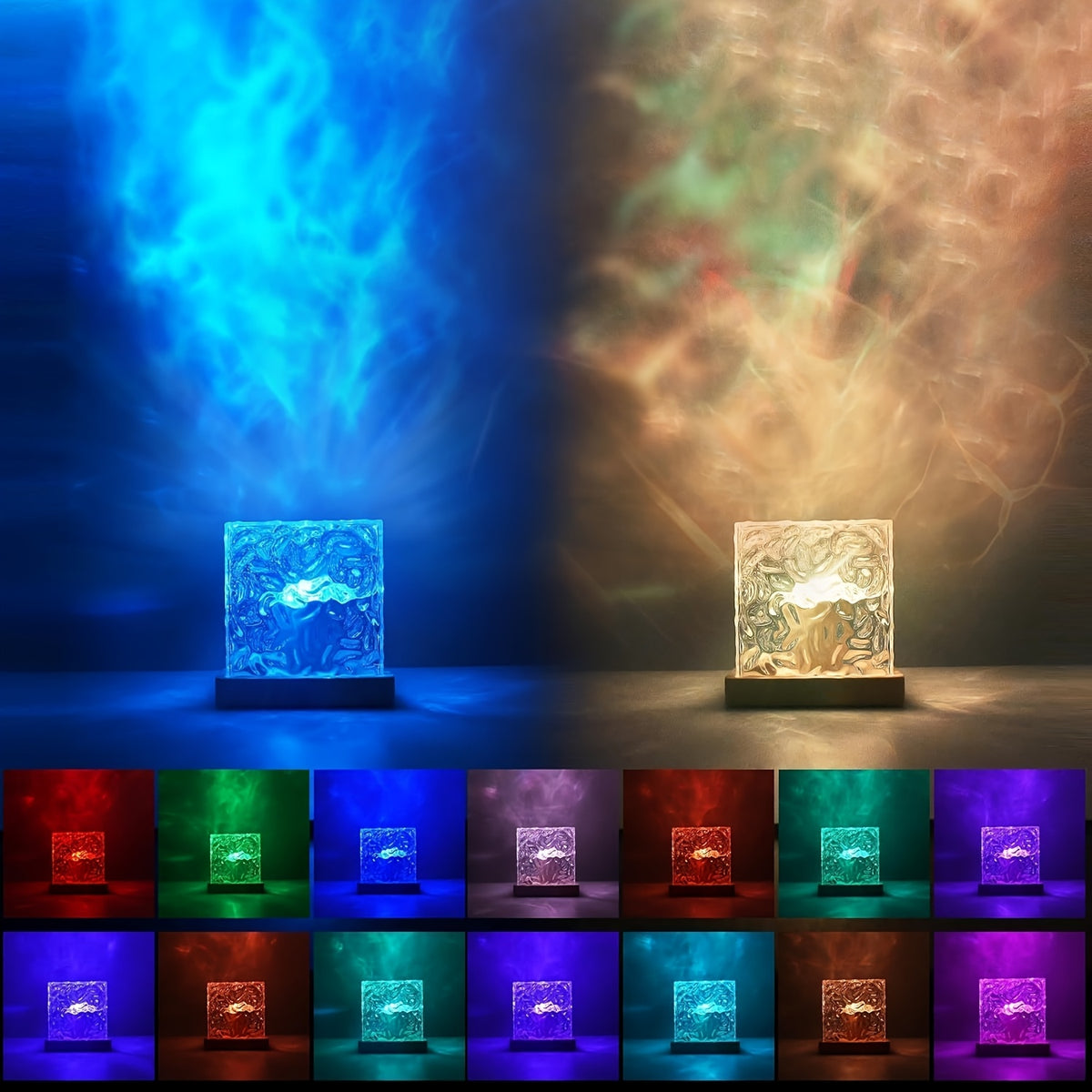 16-color Ocean Wave Projector Lights, Luminothe Cube Lights and Remote Controllers, 3D Holographic Water Ripple Romantic Atmosphere Lighting Device, Suitable for Decoration in Living Rooms and Bedrooms, Meditation Relaxation, and Night Lighting.