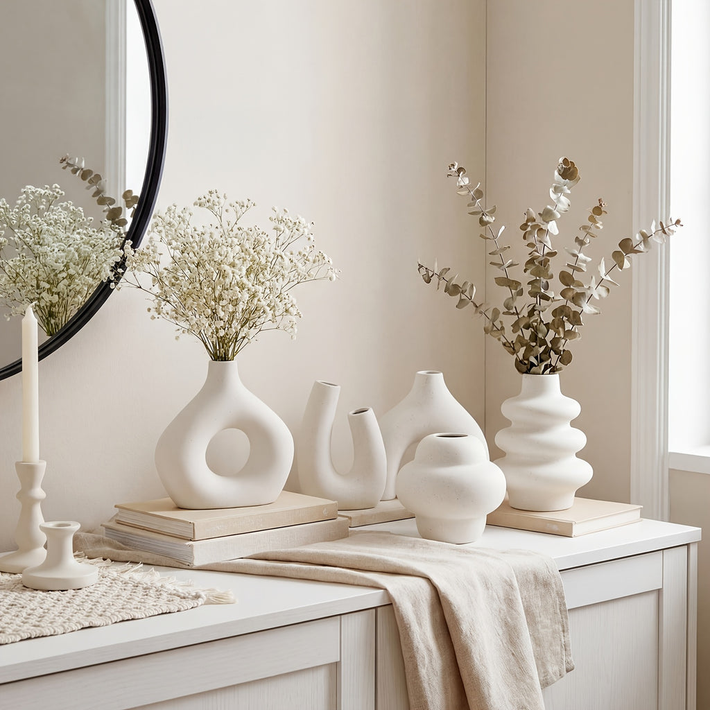 Sculptural Ceramic Vase Set, 3 or 5 Piece Matte Nordic Boho Flower Vases with Decorative Shapes for Living Room Shelves, Mantels and Entryway Tables
