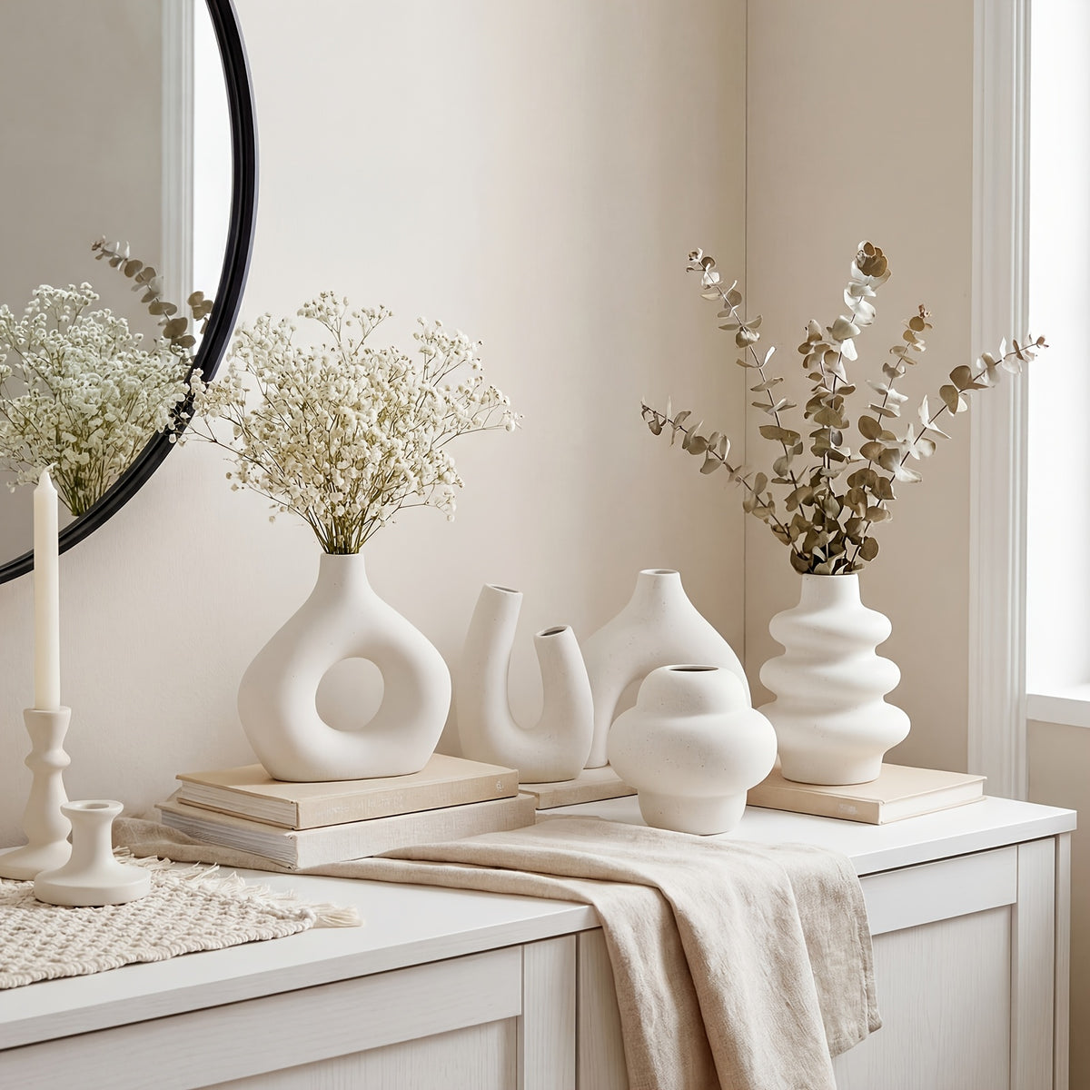 TOMNK Ceramic Vase Set Of 3/5, Nordic Modern Boho Ins Style Decorative Ceramic Aesthetic Flower Vase for Home Decor, Matte Ceramic Decorations for Living Room Shelf, Bookshelf Mantle Entryway Table Or Console Decor