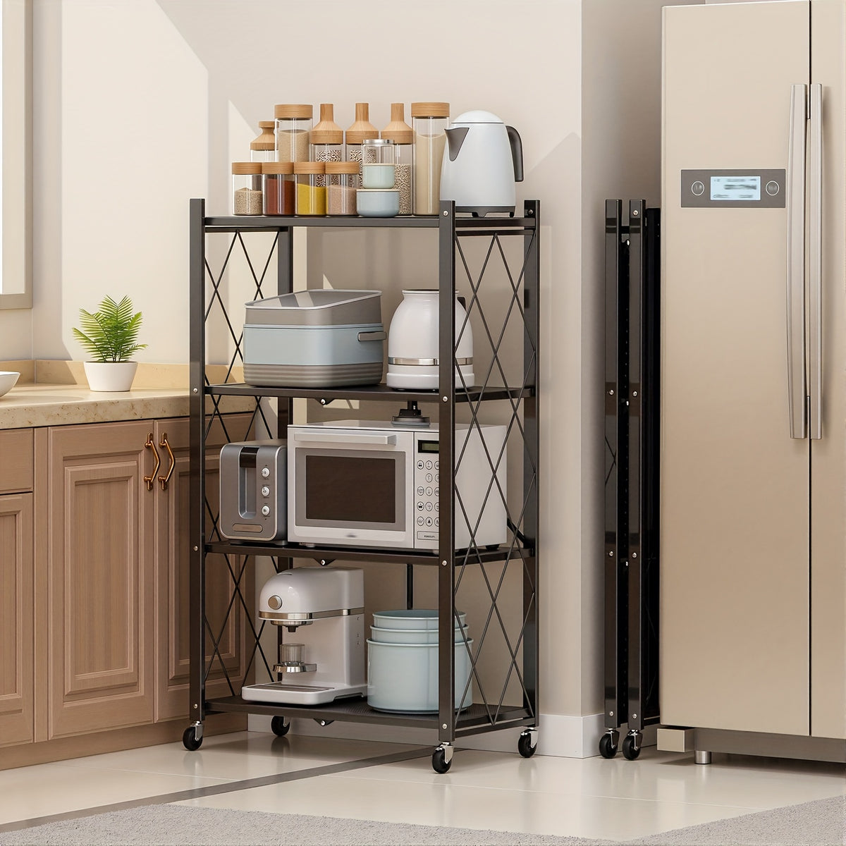 3/4/5-Tier Portable Multifunctional Storage Rack, Floor-Standing Storage Rack with Lockable Wheels, Space-Saving, No Assembly, Foldable Storage Shelf with Durable Carbon Steel Frame for Bedroom, Balcony, Garden, Standing Shelf