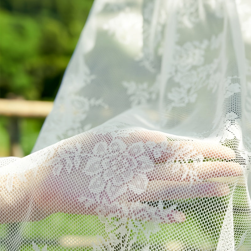 Romantic Pastoral Lace Sheer Curtain for Balcony and Office, Translucent Window Drapery with Floral Pattern, Machine Washable Polyester, Rod Pocket Design - 1pc
