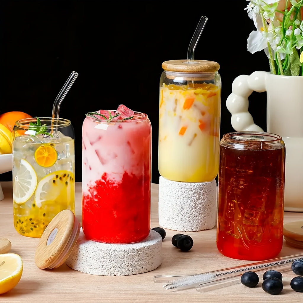 4/6pcs, 18.6oz/550ml, Including Lid, Straw, Straw Brush Glass Cup Set. The Elegant Shape Of The Drinking Cup Is An Ideal Gift, And The Can Shaped Glass Cup Is Suitable for Any Beverage And Occasion