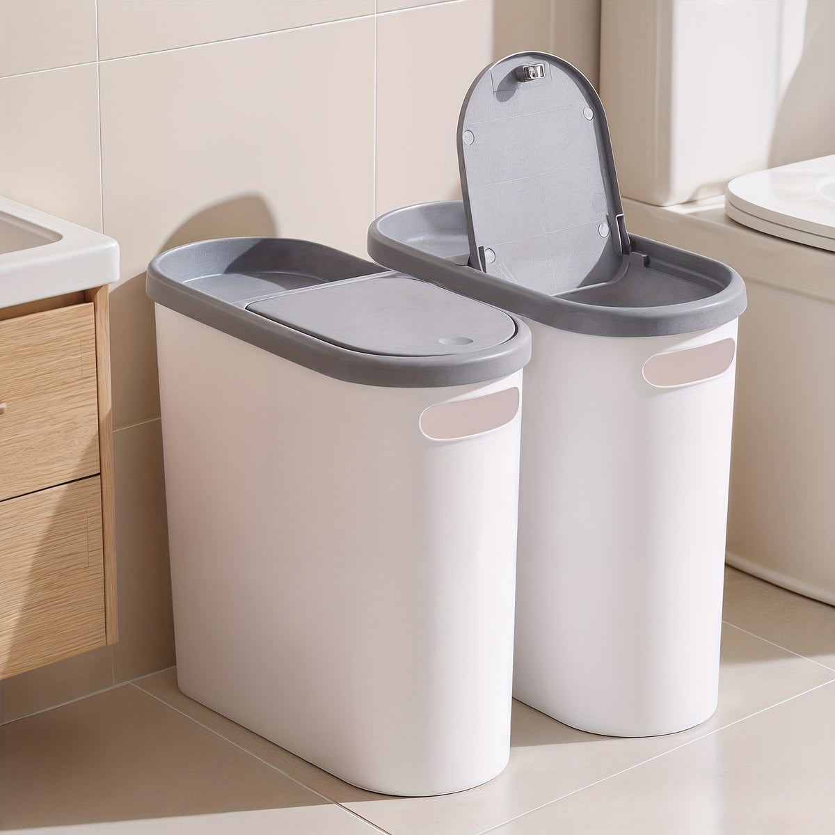 2/1pc Compact And Durable Plastic Bathroom Trash Can | with Built-In Handles, Rustproof, Space-Saving Design, Ideal for Small Spaces in Bathroom, Laundry, And Home Office(Includes Trash Bags)
