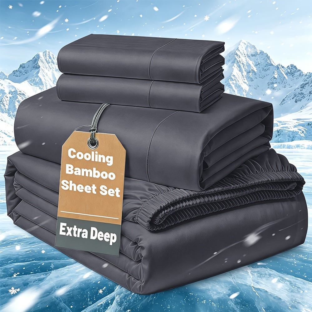Cooling Bamboo Bedding Set with Flat Sheet, Deep Pocket Fitted Sheet and Pillowcases, Soft Breathable Sheets in 13 Colors for Twin Full Queen King