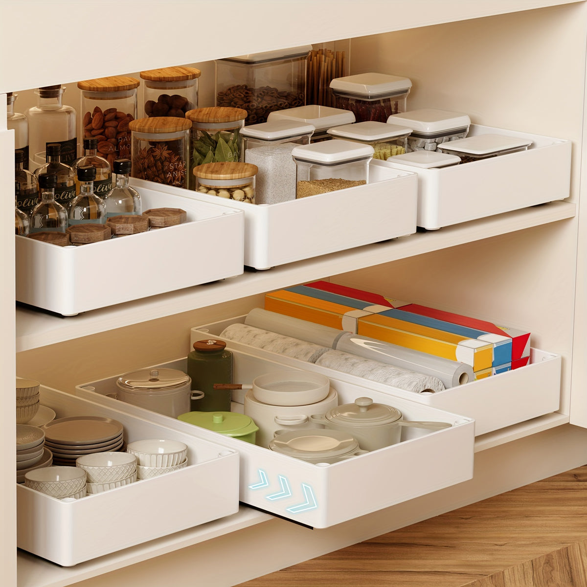 2Pcs Open Storage Bins, Boho Style Plastic Cabinet Organizer, Pull-Out Removable Slide-Out Organizer for Kitchen, Bathroom, Pantry, Cabinets