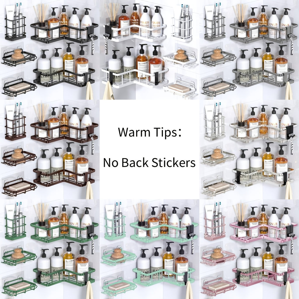 Corner Shower Caddy Set, 5-Pack No-Drill Rustproof Bathroom Organizer with Soap Holder and 4 Removable Hooks for Shampoo and Everyday Toiletries