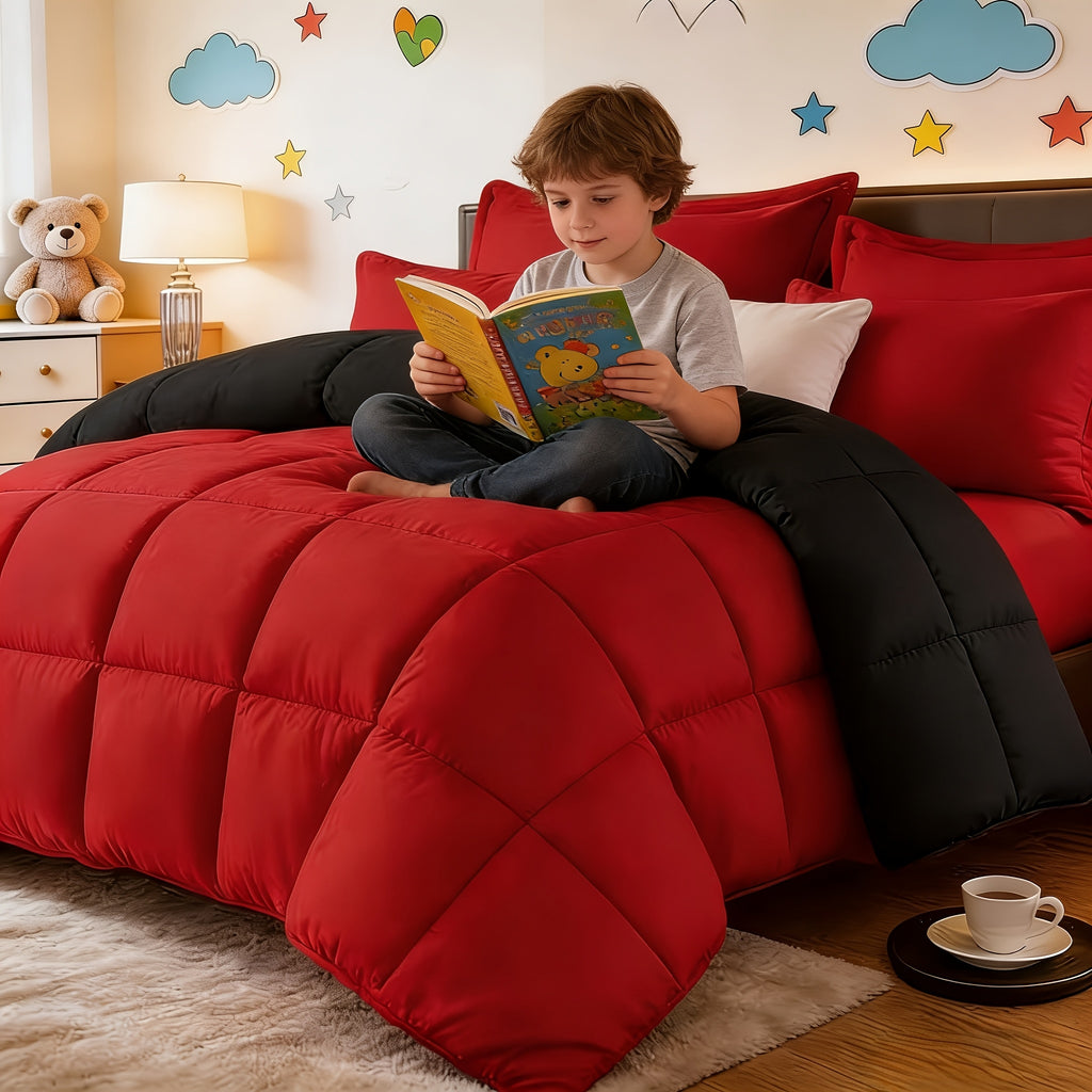 2/3pcs Red And Black bedding with All-Season Comforter, Available in Standard Double/King Double/Super King Sizes. Includes 1 Comforter And 1/2 Pillowcases, Suitable for Kids' Rooms, School Dormitories, Apartments