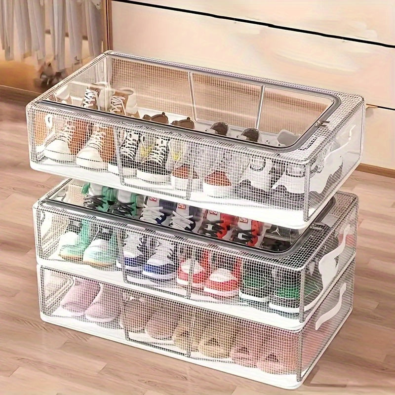 2 Transparent Shoe Storage Boxes, Easy Modern Style PVC Material, Rectangular with Steel Frame Support, with 2 Openable Transparent Windows, Space-Saving Foldable Shoe Rack, Suitable for Home Dormitory Shoe Organization, Under The Bed Storage Box