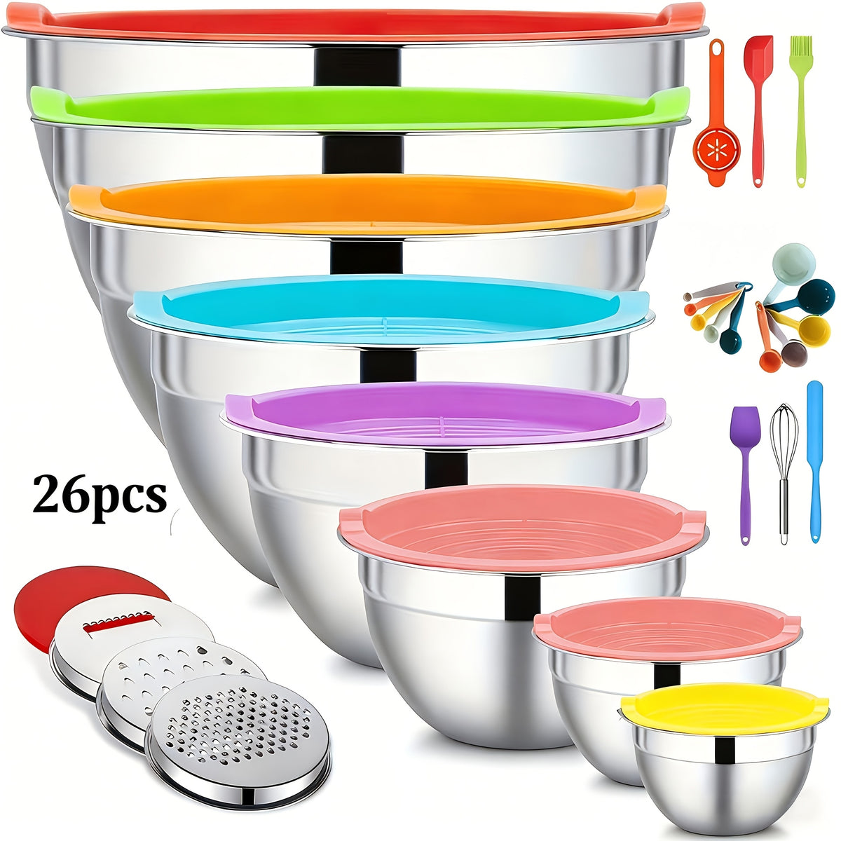 26pcs Stainless Steel Mixing Bowl with Sealed Lid, Including 7 Mixing Bowls+3 Types Of Wire Scraping And Slicing Tools And Kitchen Tools, Suitable for Baking, Salad Making, Mixing, Kitchen Tidying, Christmas Gifts, Father's Gifts, Gifts for Men