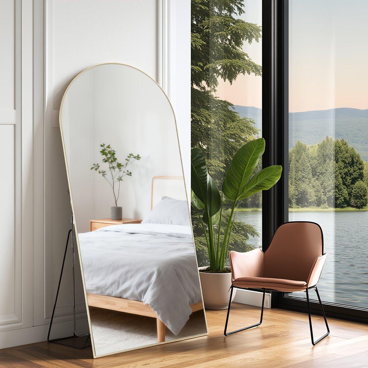 Standing Full Length Mirror with Stand and Hanging Hardware (Arched/Rectangular, Multiple Sizes) | Steel Alloy Frame & Shatter-Proof Glass for Bedroom, Living Room, Hallway, Cloakroom, Modern Home Decor