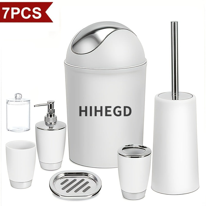 7pcs Luxury Bathroom Accessory Set - Premium Quality, Modern Style - Complete with Trash Can, Toilet Brush, Lotion Dispenser, Soap Dish, Mouthwash Cup & Toothbrush Holder - Space-Saving, Easy to Clean, Ideal for Bathroom Decor And Housewarming Gifts