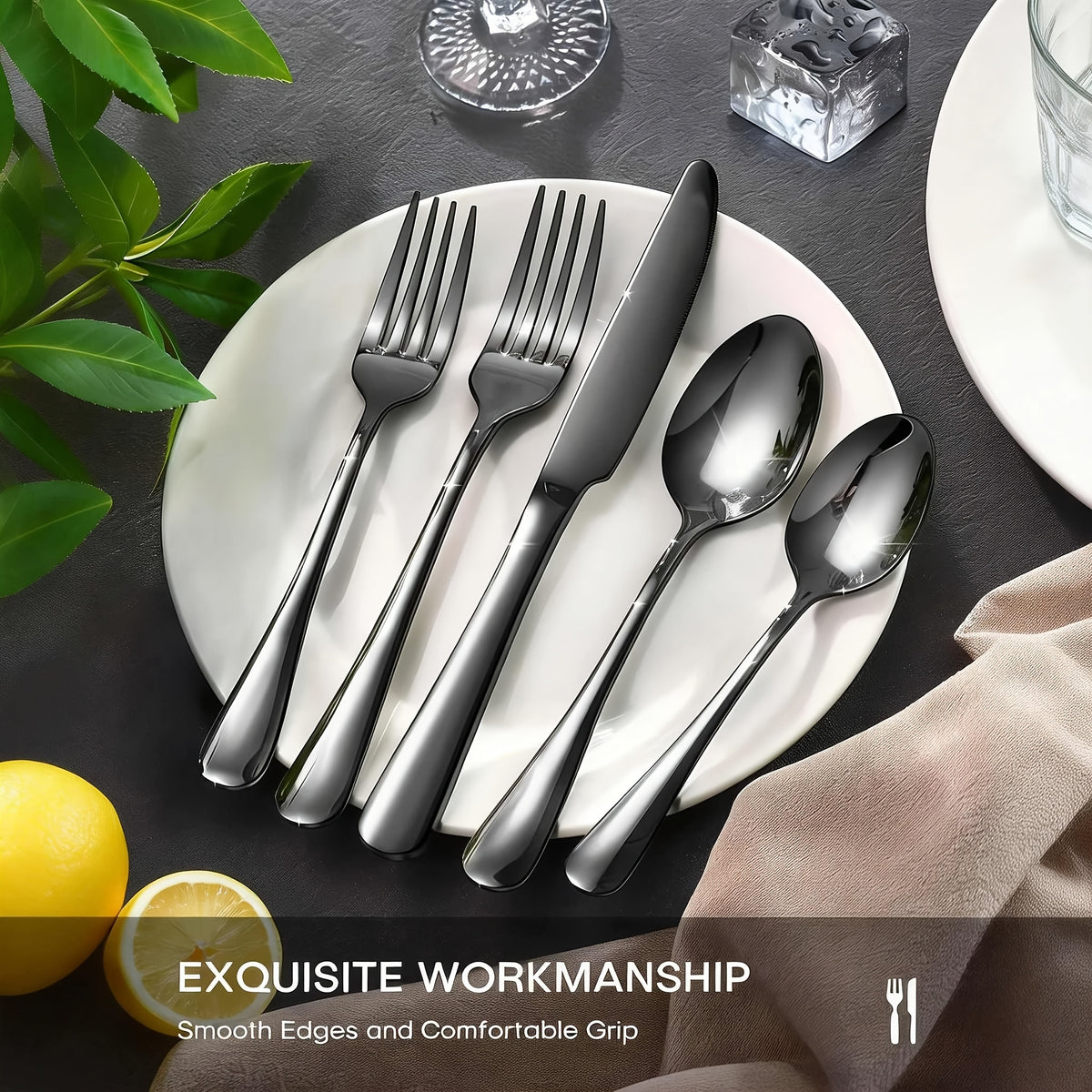 60pcs Black Silverware Set, Stainless Steel Flatware Cutlery Set Service for 12, Tableware Eating Utensils Include Knives/Forks/Spoons, Mirror Polished, Dishwasher Safe