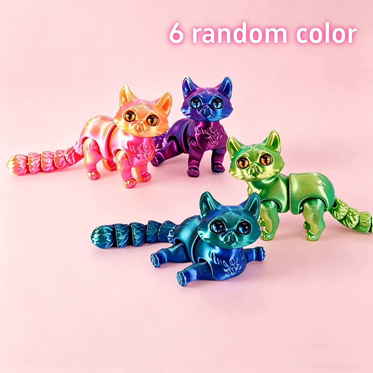 Articulated Cat Figurines Set of 6, Random Color 3D Printed Cats with Poseable Joints for Desktop Displays, Shelf Decor and Cat Lover Gifts
