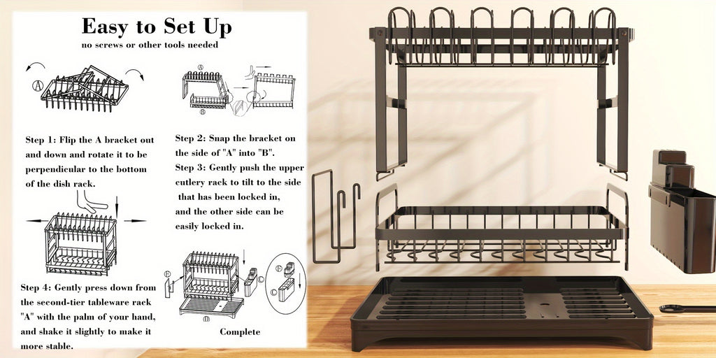 Dish Rack, 2 Tier Utensil Holder, Rustproof Kitchen Dish Drying Rack With Drainboard And Utensil Holder For Kitchen Countertop, Kitchen Accessories