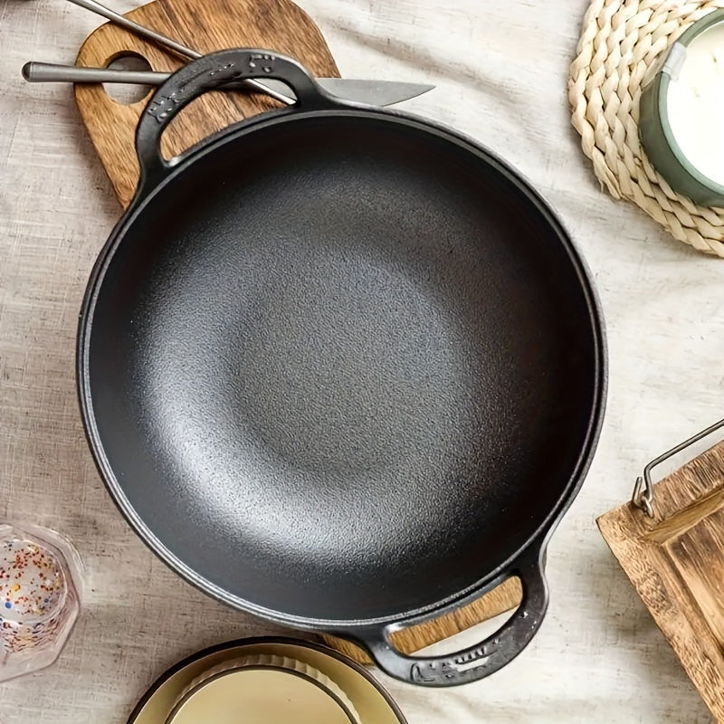 5 Sizes Cast Iron Wok, 7.87/ 9.84/ 10.62/ 11.81/ 12.59in Heavy-Duty Cast Iron Skillet, Traditional Uncoated Deep Stir-Fry Pan, Multi-functional Kitchen Cookware, Durable Cooking Pot with Dual Handles, Grilling Steaks & Baking, Ideal for Home, Outdoor