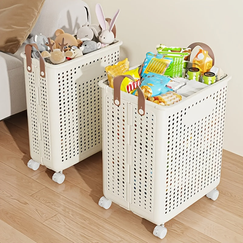 Collapsible Wheeled Laundry Hamper, Ventilated Plastic Clothes Basket in Large or Extra Large, Cream or White for Apartment, Bathroom and Laundry Room Storage