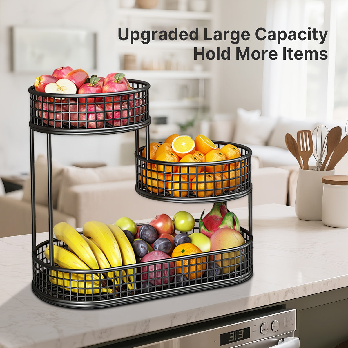 Large Capacity 3-Tier Black Metal Fruit Basket, Efficient Kitchen Organization, Perfect for Fruits, Vegetables, Bread, Snacks