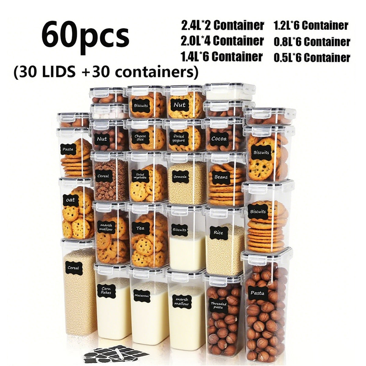 14/18/30/48/60/84pcs Airtight Food Storage Containers with Lids, BPA Free Plastic Kitchen Storage Containers for Rice, Spaghetti, Cereal, Pasta, Flour And Sugar Containers, 7/9/15/24/30/42 Lids+7/9/15/24/30/42 Containers Kitchen Additions