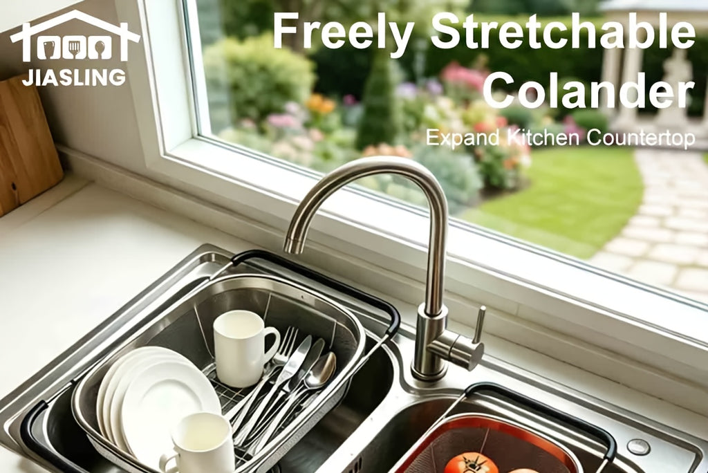Expandable Stainless Steel Filter Over the Sink Colander - Strainers and Colanders - Sink Strainer Basket - Expandable Fine Mesh Strainer with Rubber Grip for Veggie, Fruits, Pasta, Home Kitchen Essentials