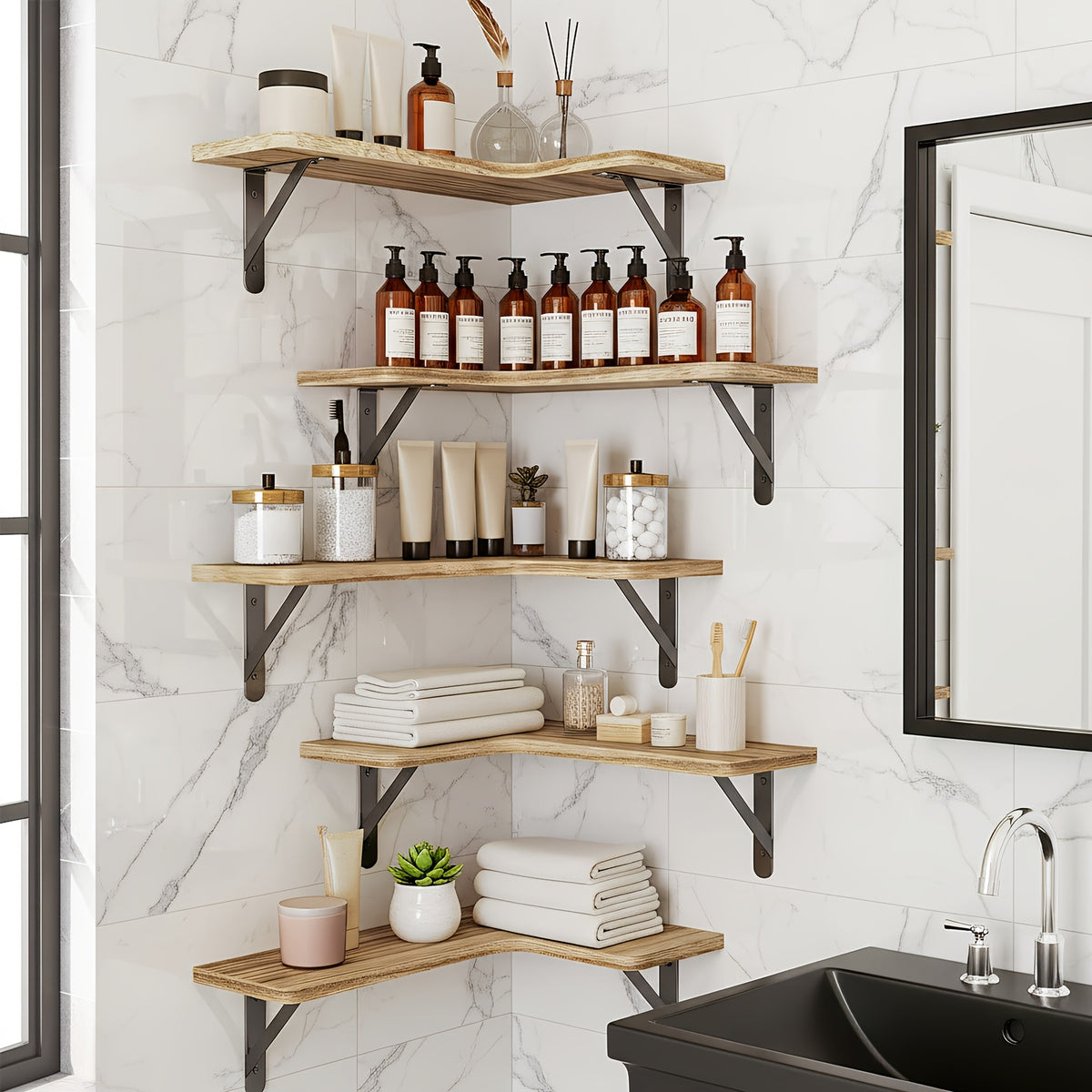 Rustic Wood Corner Floating Shelves, 5-Piece Color Options or 6-Piece Black Wall Storage Set for Bathroom, Kitchen, Bedroom and Living Room Displays