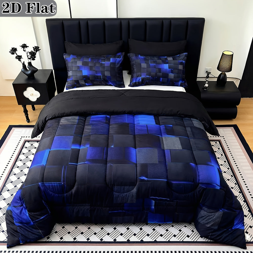 2D Flat Tog 4 3pcs Super Soft Fashion Sense Of Technology Grid Thickening Quilt Set (1 Comforter +2 Pillowcases Without Pillow Core), Contains Padding 180Gsm Quilting Soft Ventilate Digital Printing Bedroom Dormitory At Home Perfect Halloween Gift