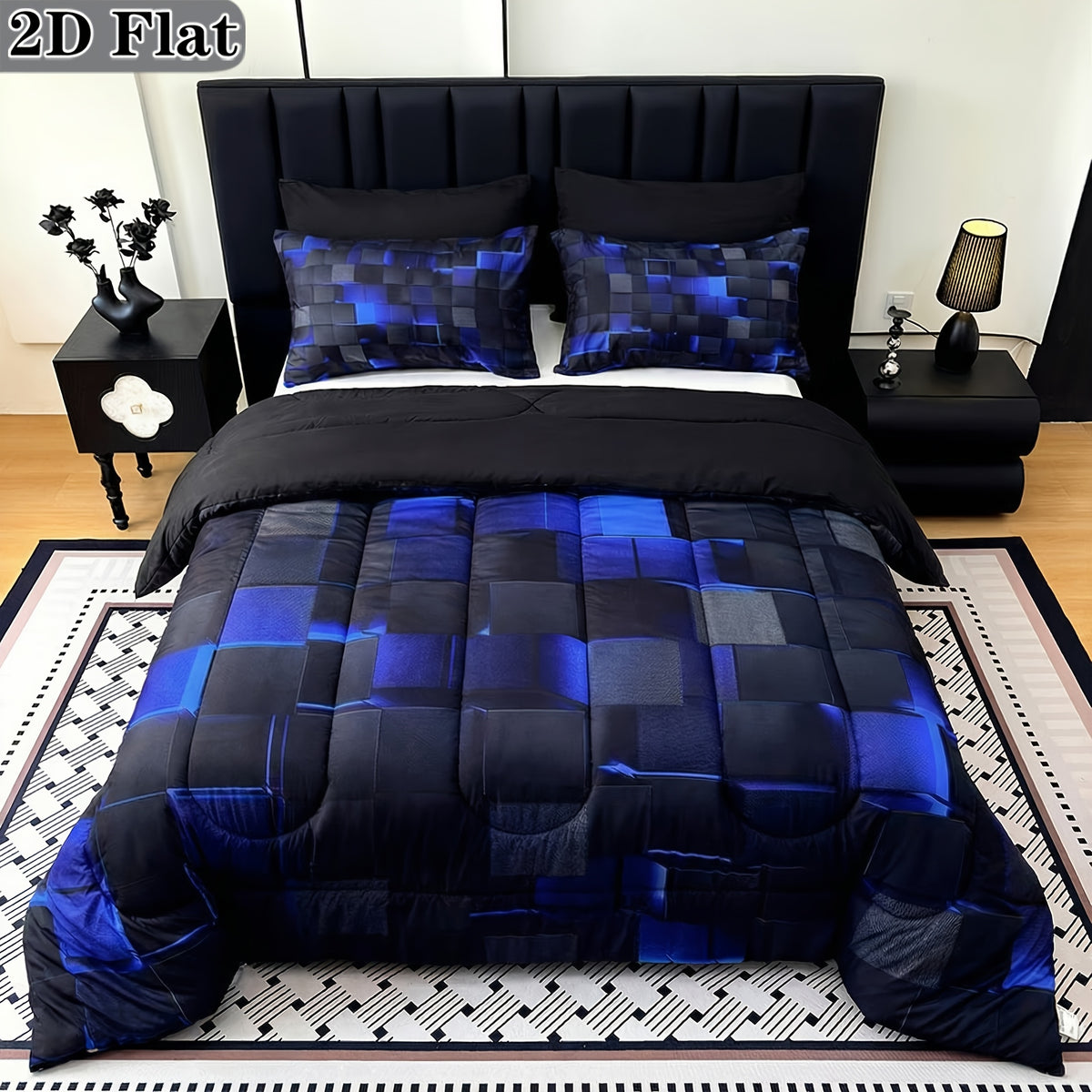 2D Flat Tog 4 3pcs Super Soft Fashion Sense Of Technology Grid Thickening Quilt Set (1 Comforter +2 Pillowcases Without Pillow Core), Contains Padding 180Gsm Quilting Soft Ventilate Digital Printing Bedroom Dormitory At Home Perfect Halloween Gift
