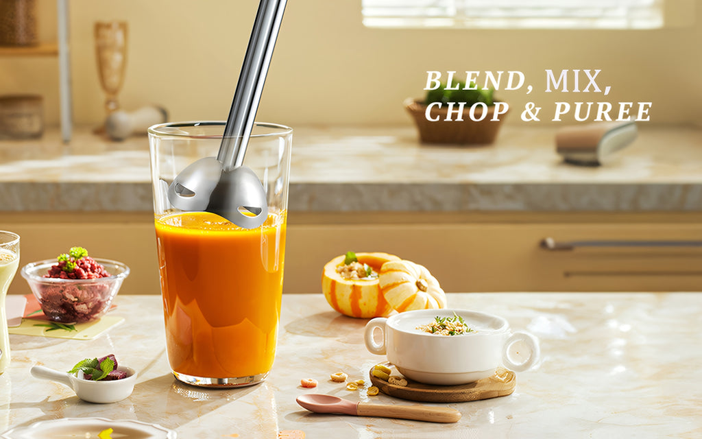 Lalayuan Electric Immersion Blender, Power Handheld Blender, 400W Portable Stick Mixer with 2 Mixing Speeds&Turbo Mode, 304 Stainless Steel Blades, Easy to Grip Speed Corded Hand Mixer, Perfect for Soup Smoothie Puree Food Fruit, with Detachable Base