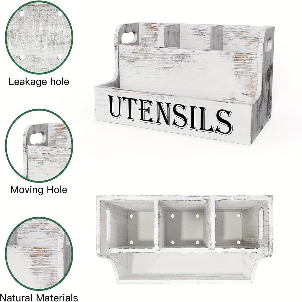 Extra Large Kitchen Utensil Organizer with 4 Compartments, White Wooden Kitchen Utensil Organizer for Kitchen Countertops, Farmhouse Utensil Storage, Rustic Cooking Utensils - White.