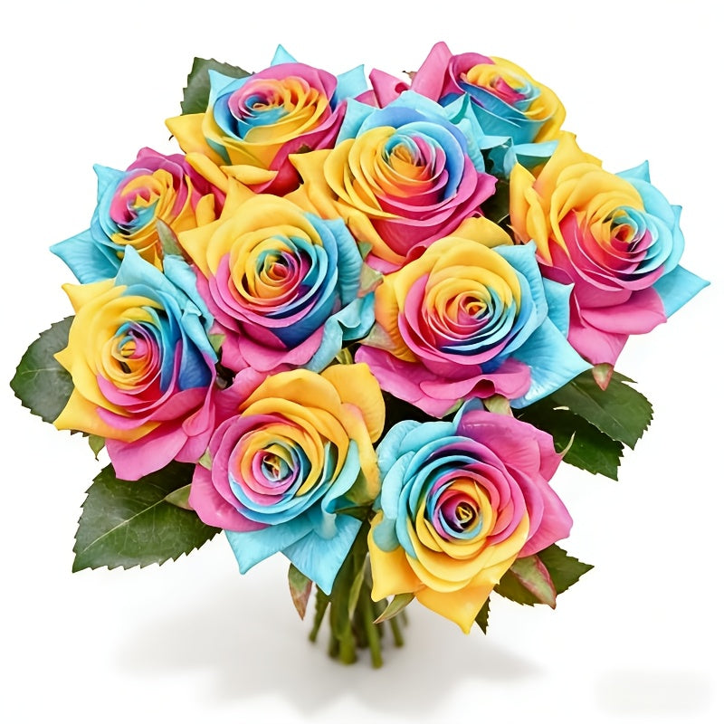 Artificial Rainbow Rose 10 Stems Flowers with Bendable Plastic Stems for Wedding Centerpieces Home Decor Gifts 13. 5 Inch