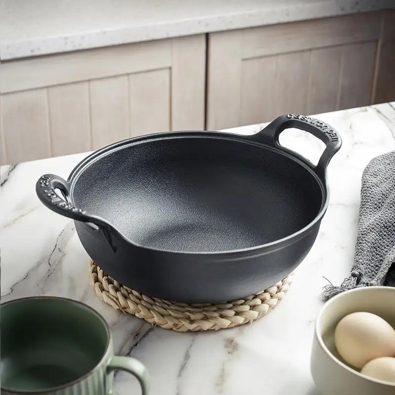 2-Piece/1-Piece Pre-Seasoned Cast Iron Wok Set - Grill & Stove Pan with Handles, Oven Safe Nonstick Skillet for Stir Fry, BBQ, Camping (No Lid)