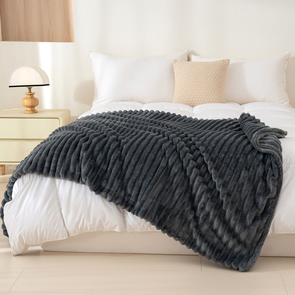 Luxurious Double-Sided Faux Rabbit Fur Throw Blanket - Cozy Striped Flannel, Soft And Warm for Naps, Office, Camping, Sofa - Versatile Polyester Bed Cover, Perfect Christmas Gift