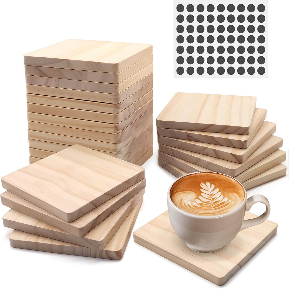 24/48/96pieces Unfinished Wood Coaster Blanks(4 Inch Square & Round) With Non-Slip Foam Stickers - Craft Supplies For Painting, Engraving, Burning & Decor - Ideal Handmade Gifts & Home Decor For Christmas Halloween Easter, Mother'S Day Craft Gift