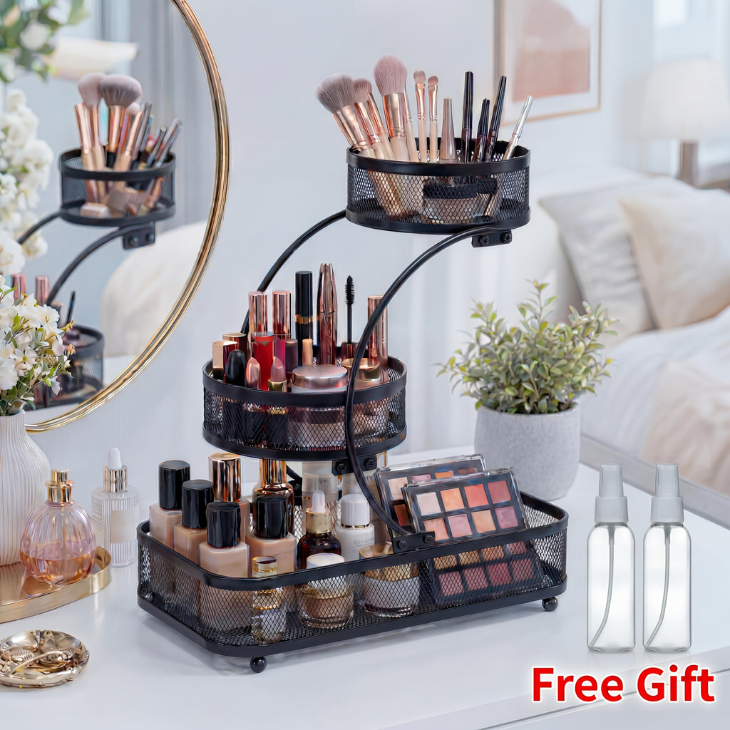 3-Tier Black Metal Mesh Storage Rack with Hooks Space-Saving Countertop Organizer for Kitchen, Bathroom Room Decor | Heavy-Duty Cosmetic Perfume Toiletry Display Stand, Shelf Baskets