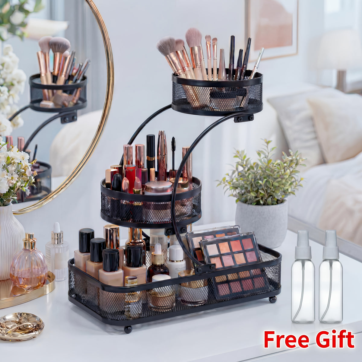 3-Tier Black Metal Mesh Storage Rack with Hooks Space-Saving Countertop Organizer for Kitchen, Bathroom Room Decor | Heavy-Duty Cosmetic Perfume Toiletry Display Stand, Shelf Baskets