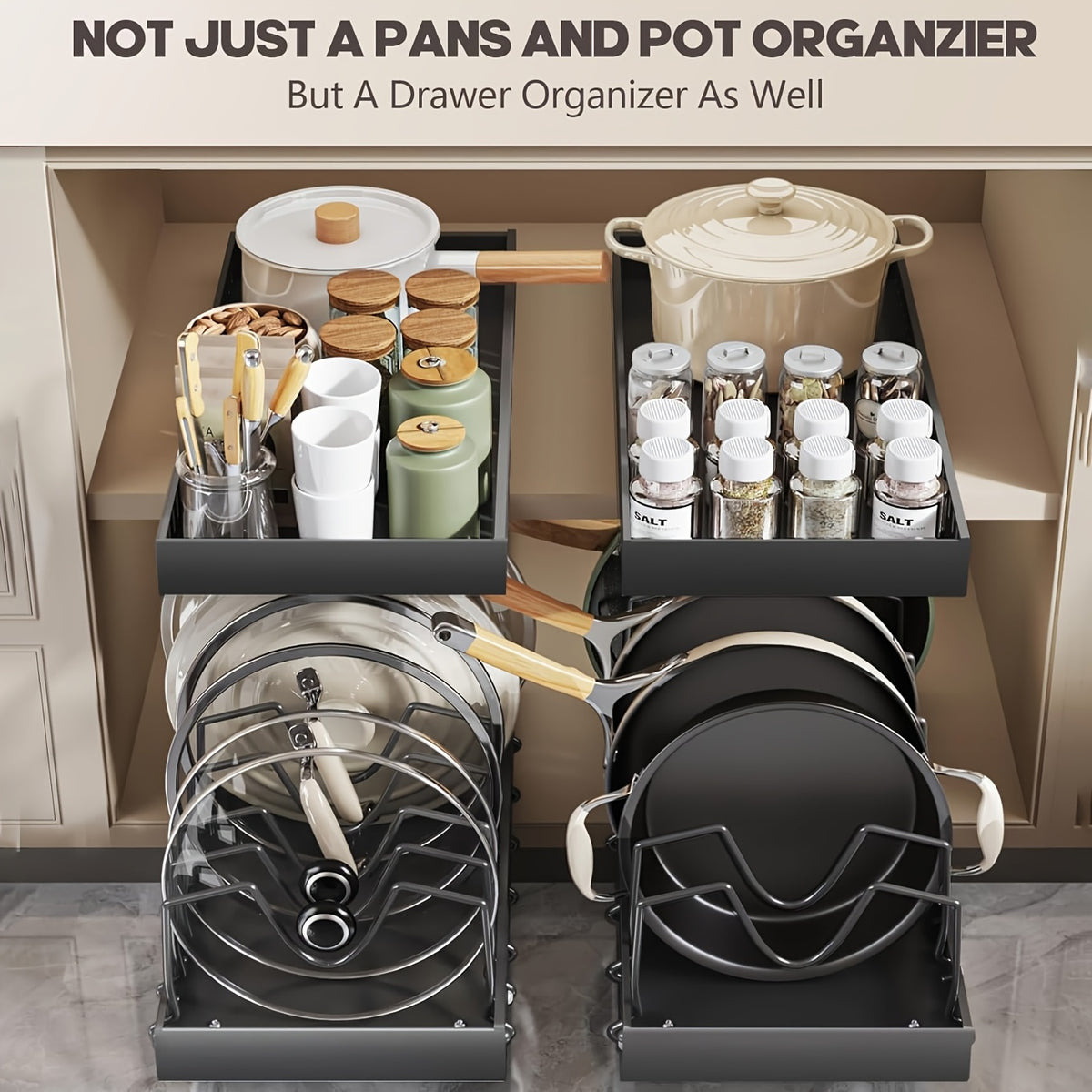 1/2pcs Pull-Out Pot And Pan Storage Box For Cabinets, Kitchen Sliding Lid Rack And Pan Holder, Cabinet Sliding Storage Box For Storing Lids, Baking Tools, And Plates, 8/16 Adjustable Dividers, Kitchen Decor And Accessories.