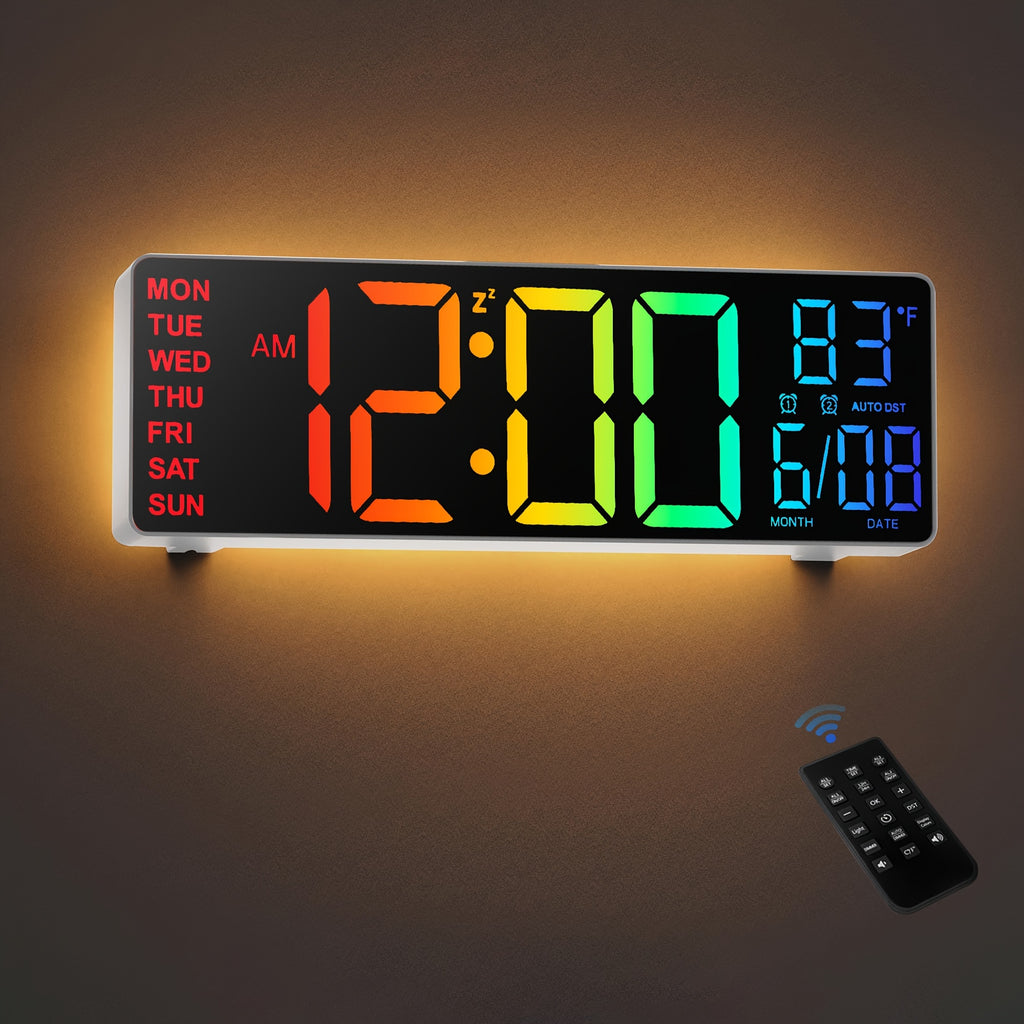 10.5 Inch Large Digital Wall Clock with Dual Alarms, Night Light, Large LED Screen Display, 8 RGB Colors, Auto DST, Temperature, Brightness Adjustment for Living Room, Bedroom, Kitchen Elderly Gift