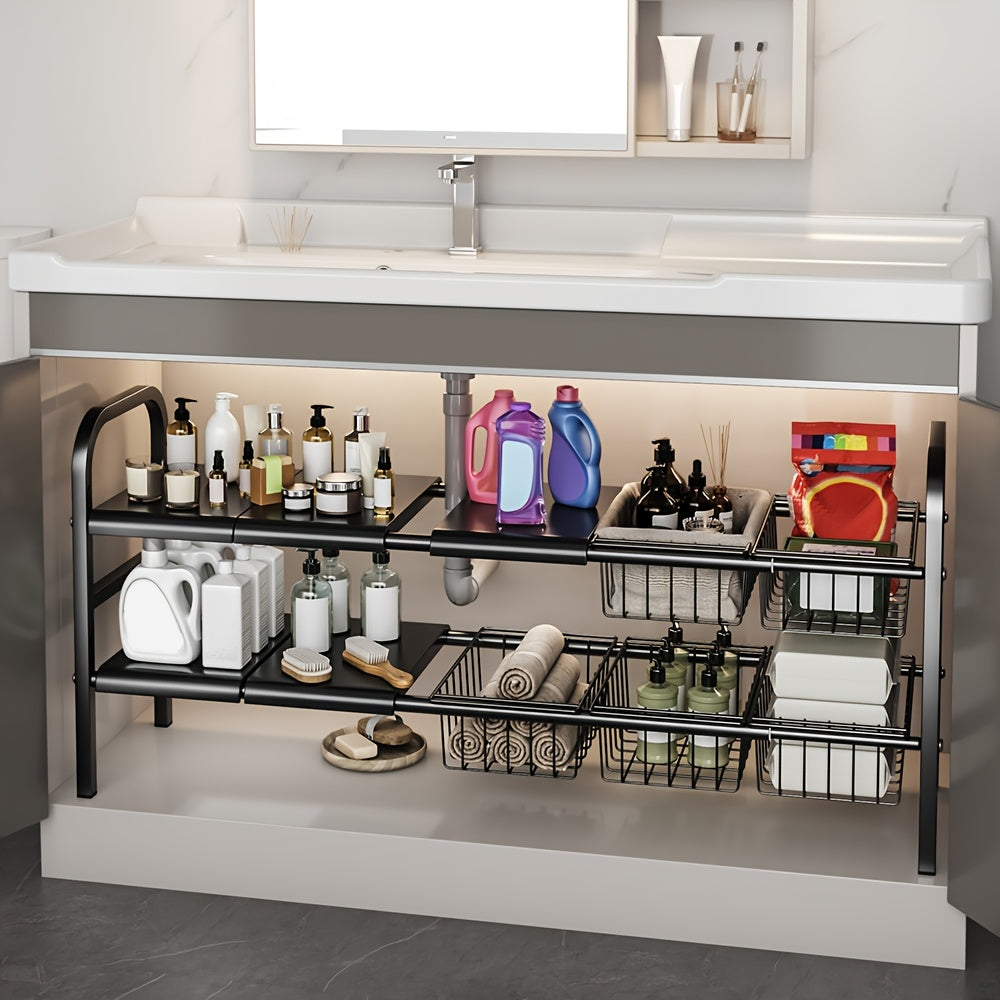 Kitchen Storage Rack, Bathroom Storage Rack, 1 Expandable Under Sink Organizer & Locker 2 Tier Cabinet Shelf Organizer with 5 Removable Panels 5 Baskets for Under Kitchen Bathroom Sink Organizer & Storage.Thanksgiving And Christmas Gifts