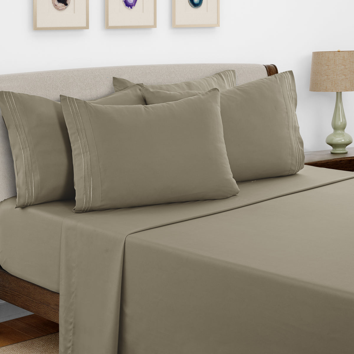 Lux Decor 6 Pieces Solid Bed Sheets Set - Modern Soft Comfortable Bedding Set, Hotel Luxury Skin Friendly Cooling Sheets & Embroidered Pillowcases Without Filler - All Seasons Bed Sheet with 16 Inches deep Pocket, Breathable Skin Friendly & Cooling Sheets
