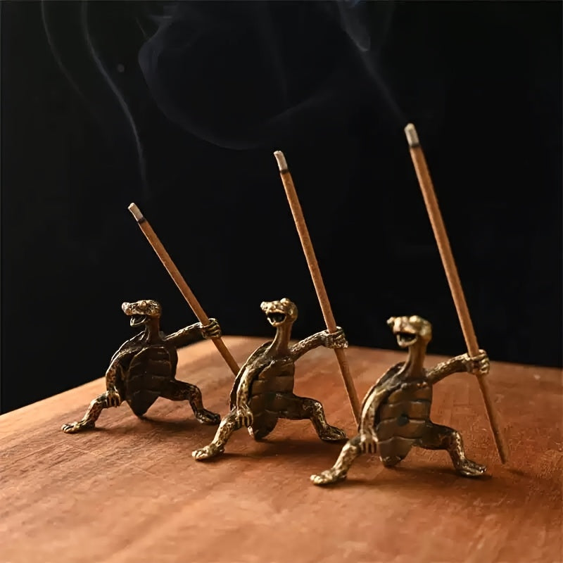2pcs Brass Turtle Incense Holder - Kung Fu Style, Creative Home Decor Craft, Meditation Holder Brass Turtle And Red Copper Turtle