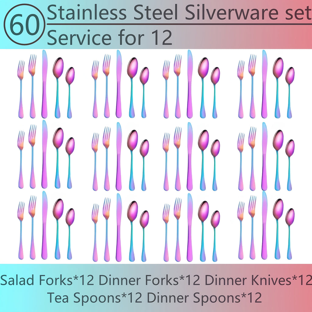 Titanium Plated Rainbow Silverware Set, 20 or 60 Piece Mirror Polished 304 Stainless Steel Flatware with Knives Forks and Spoons for Home and Holiday Dining
