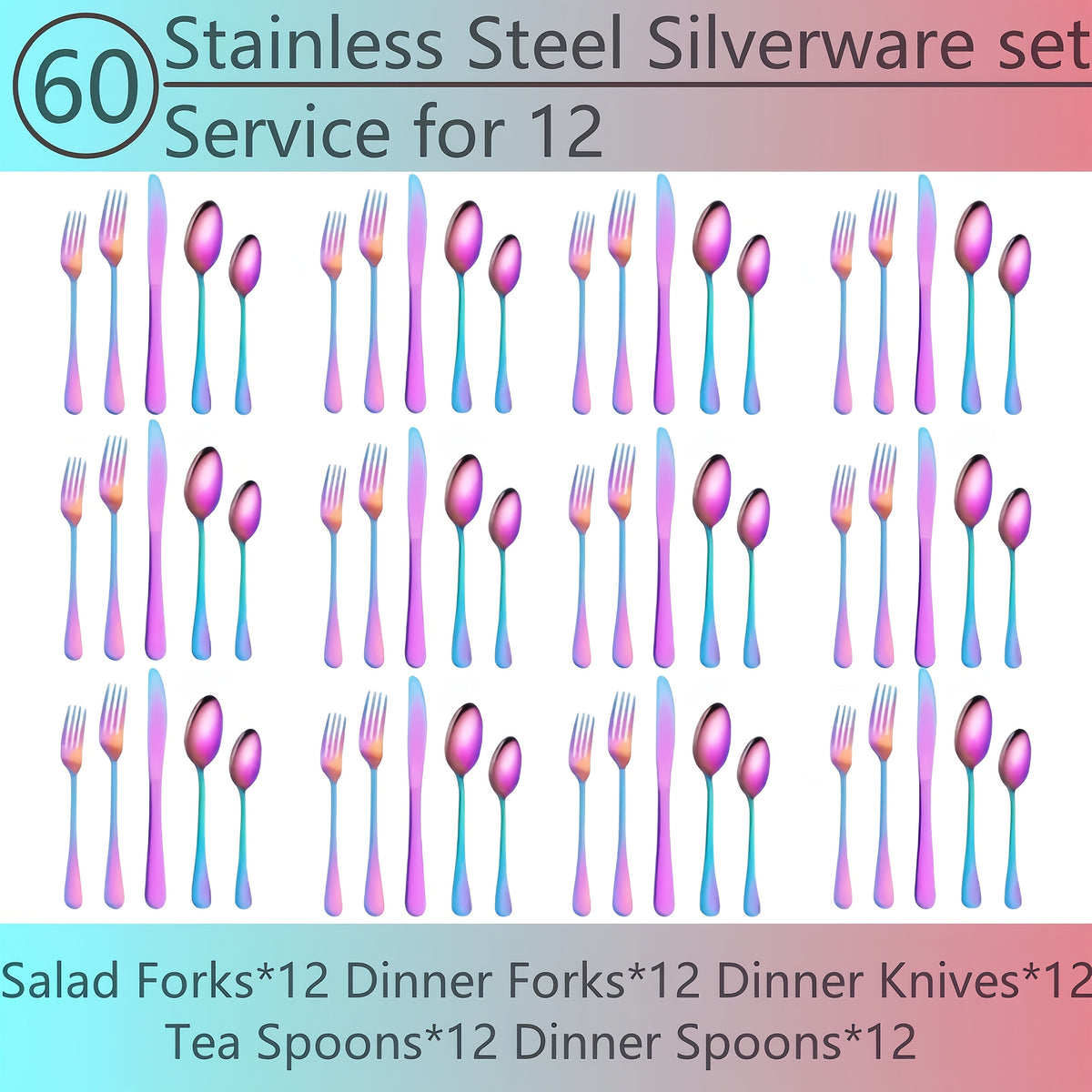 60/20pcs Of Mirror Polished Stainless Steel Tableware Set for 12 People - Titanium Plated Dishwasher Safe Cutlery Set with Knife Fork Spoon, (Vibrant Colors, 304 Food Grade Material) The Best Gifts for Thanksgiving And Christmas