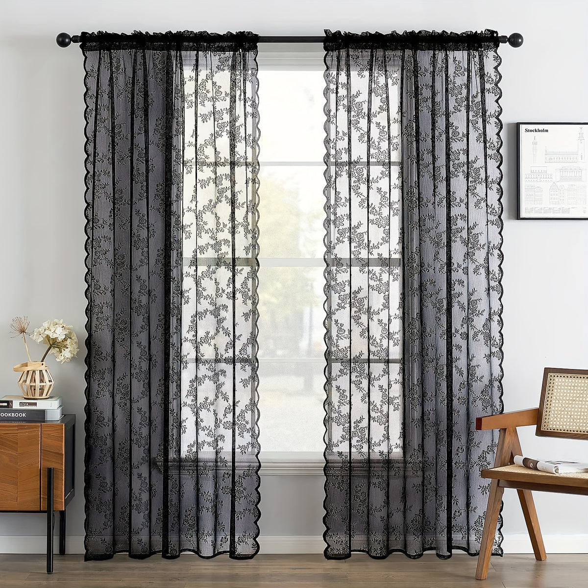 Set of Two White Lace Curtains with Floral Designs, Featuring a Bohemian Style And Semi-Transparent Fabric That Filters Sunlight. Suitable for All Seasons