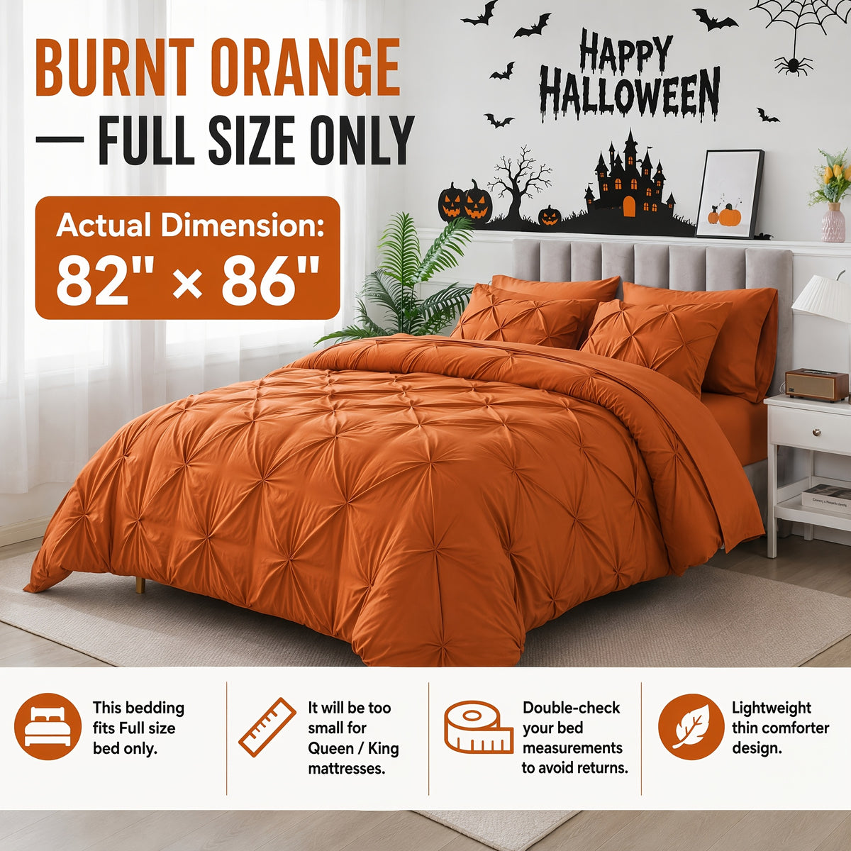 Cosybay 7 Piece Pinch Pleated Comforter Set Queen King Size, Luxury Soft Fluffy Bedding Includes 1 Comforter, 1 Extra Deep Pocket Fitted Sheet, 1 Flat Sheet, 4 Pillowcases & Pillow Covers, Perfect for Halloween Party, Holiday Celebrations & Birthday