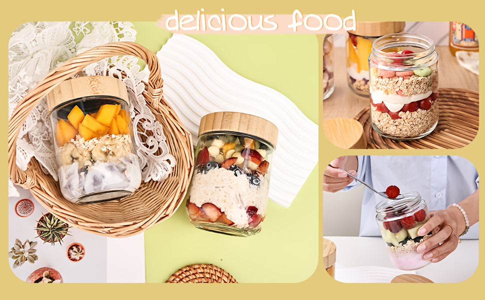 4/6-Pack Overnight Oats Containers with 4/6pcs Spoons And Bamboo Lids, Glass Jars with Airtight Lids for Meal Prep, Wide Mouth Mason Salad Jars, Glass Food Storage Container for Yogurt Chia Snacks Spice Sugar