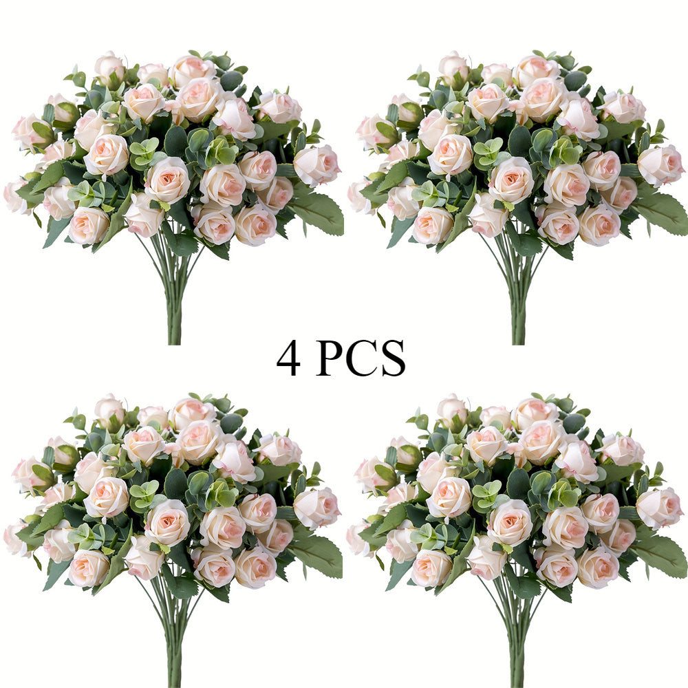 4 Bunches of Realistic Artificial Roses - Vibrant Pink, Red, White And Green Plastic Faux Flowers, Suitable for Valentine'S Day, Weddings, Home Decoration, Indoor/ Outdoor Flower Arrangements (No Maintenance Required)