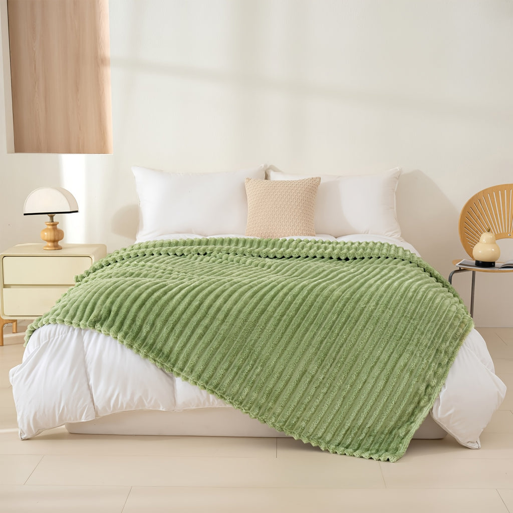 Luxurious Double-Sided Faux Rabbit Fur Throw Blanket - Cozy Striped Flannel, Soft And Warm for Naps, Office, Camping, Sofa - Versatile Polyester Bed Cover, Perfect Christmas Gift