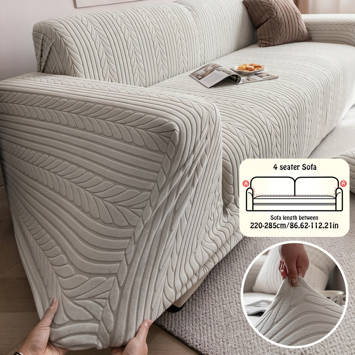 1pc Striped Sofa Cover - Washable, Stretchable, Scratch-Resistant & Non-Slip All-Season Sofa Protector, Fits 1-4 Seater Sofas, White Textured Fabric with Sawtooth Pattern, Perfect for Living Room Decor & Furniture Protection | Durable Protection